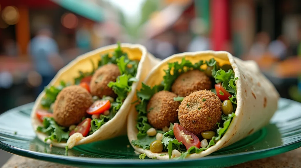 Fresh falafel gyro stuffed with crispy falafel balls, lettuce, tomatoes, and olives on a plate.
