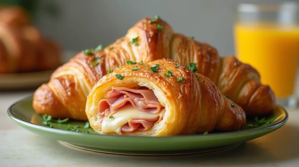 ham and cheese croissant bake served on a green plate with orange juice in the background