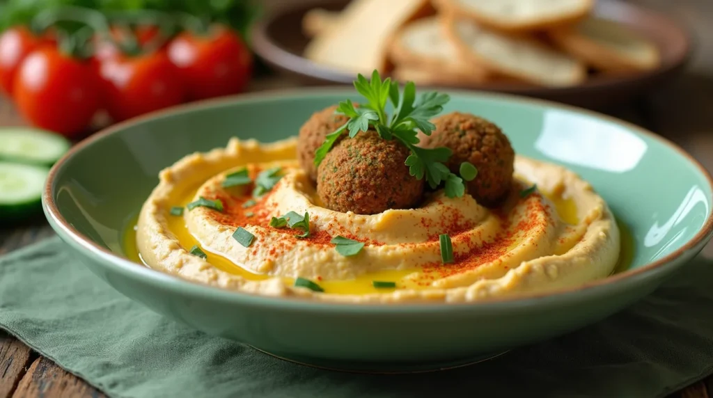 A bowl of homemade falafal hummus, garnished with olive oil, paprika, and parsley, with fresh vegetables and bread in the background.