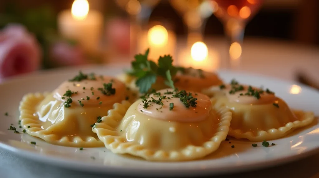 Close-up of Lobster Ravioli garnished with finely chopped herbs and a creamy topping.