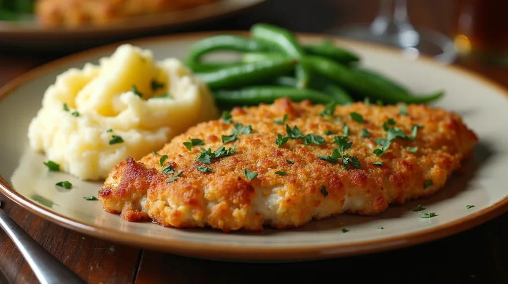 Longhorn Parmesan Crusted Chicken with golden crust and vibrant side dishes on a plate.