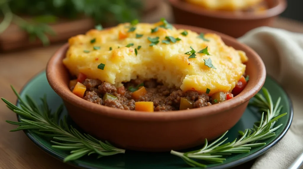 Delicious crockpot shepherds pie with golden mashed potatoes and savory meat and vegetable filling.