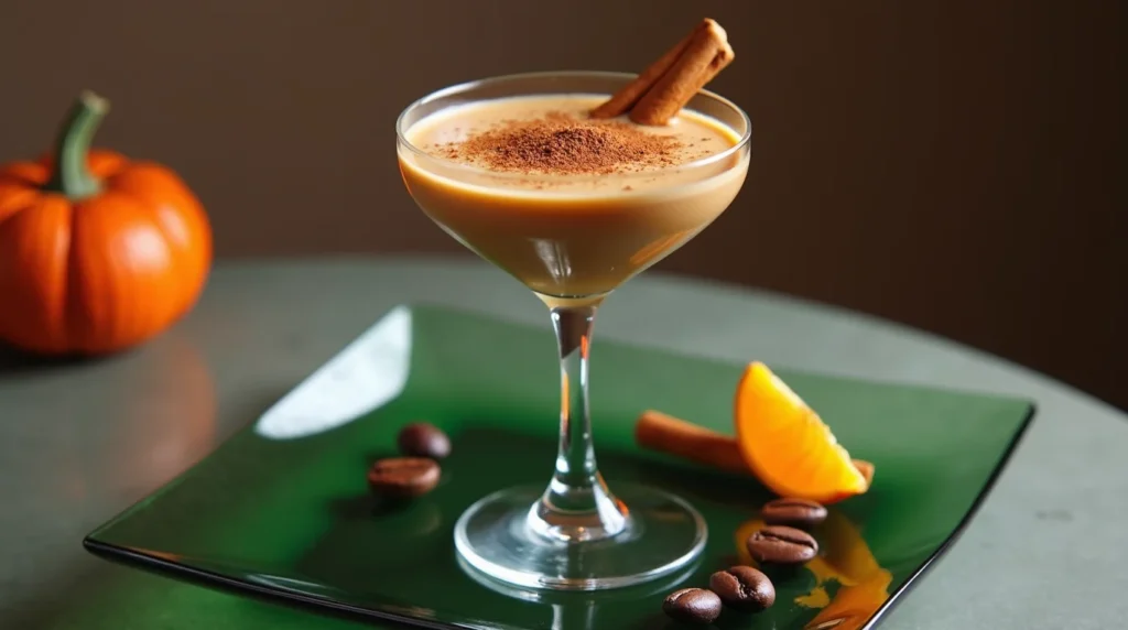 A front view of a pumpkin spice espresso martini garnished with cinnamon sticks and dusted with spice, accompanied by coffee beans and an orange slice on a green plate.
