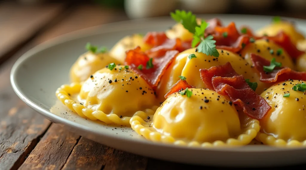 Ravioli Carbonara with creamy sauce, crispy pancetta, and fresh parsley garnish.