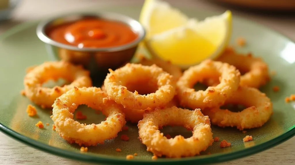 Spicy crispy fried calamari recipe featuring golden calamari rings served with a tangy dipping sauce and fresh lemon wedges on a green plate.