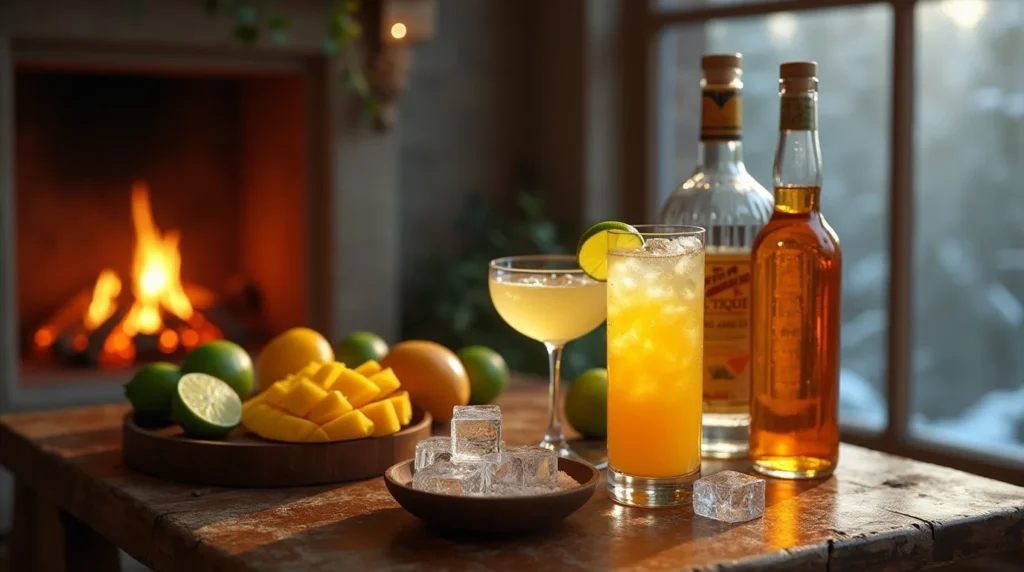 A mango margarita served in a tall glass with ice and a lime garnish, alongside a classic coupe glass cocktail. A rustic wooden table holds fresh mango slices, limes, and tequila bottles, set against a cozy winter backdrop with a fireplace and frosty window.