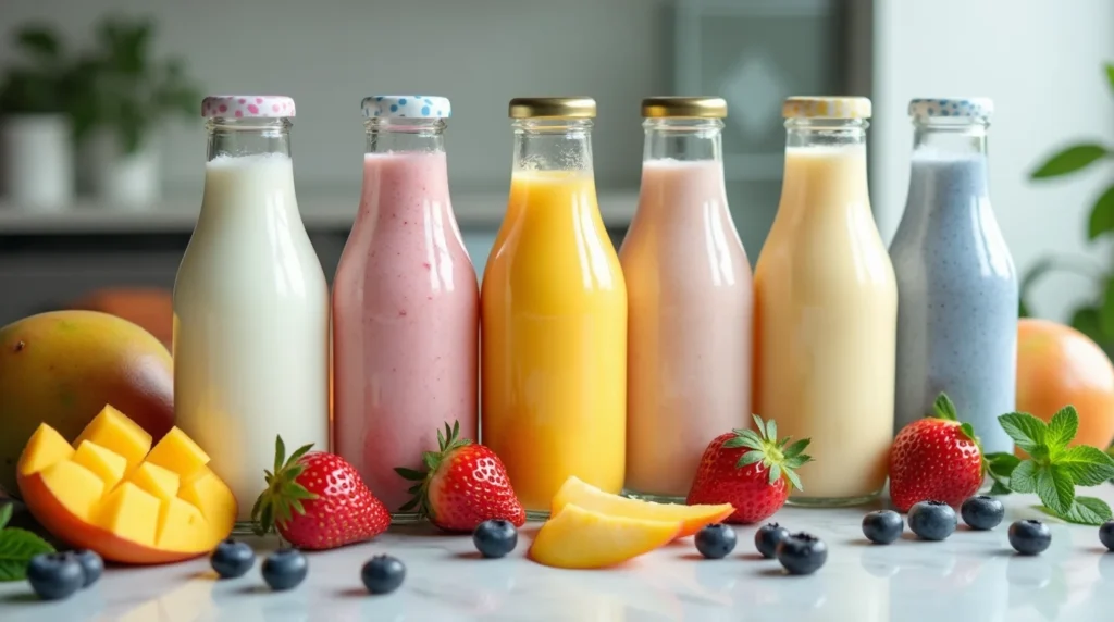 A colorful assortment of cold yogurt drinks in bottles, surrounded by fresh fruits like strawberries, mangoes, and blueberries.
