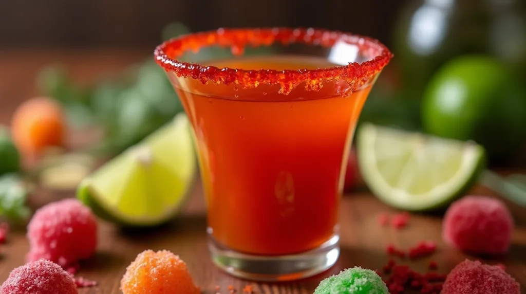 Mexican candy shot recipe featuring a bold red shot with a chili-lime rim, surrounded by colorful sugar-coated candies and fresh lime wedges on a rustic wooden surface.