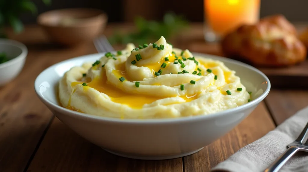Delicious creamy mashed potatoes in a white ceramic bowl, topped with melted butter and fresh chives, set on a rustic wooden table with warm lighting.
