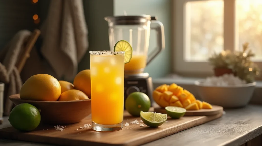 A refreshing mango margarita in a glass with a salted rim, garnished with a lime slice, surrounded by fresh mangoes, limes, and a blender in a cozy kitchen setting.