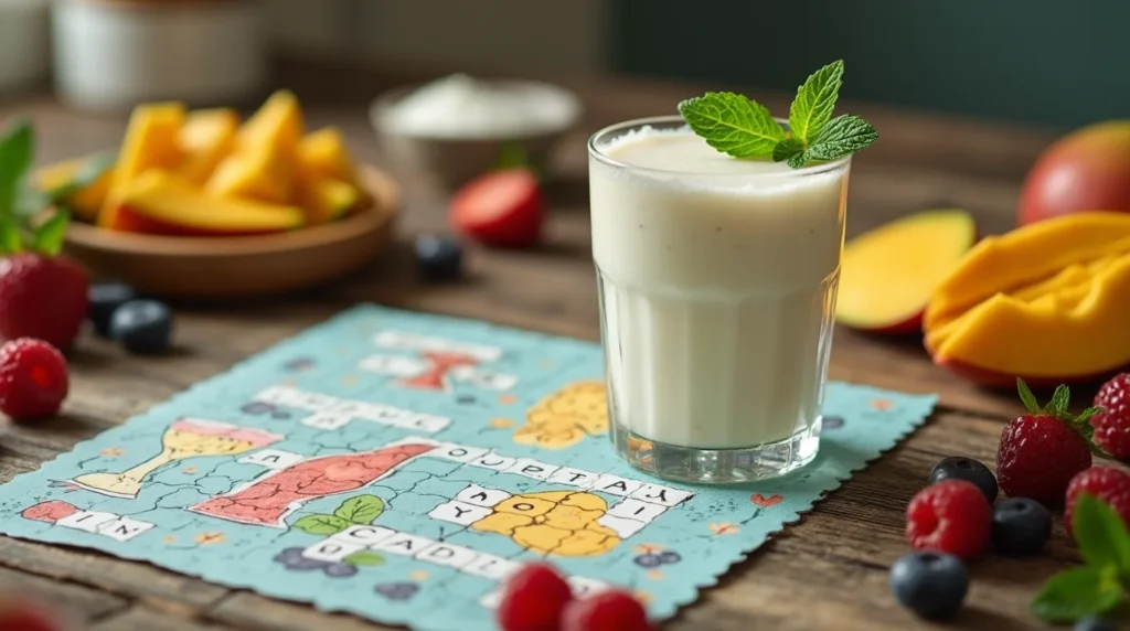 A cold yogurt drink with mint garnish placed next to a crossword puzzle, surrounded by fresh mangoes, berries, and yogurt.