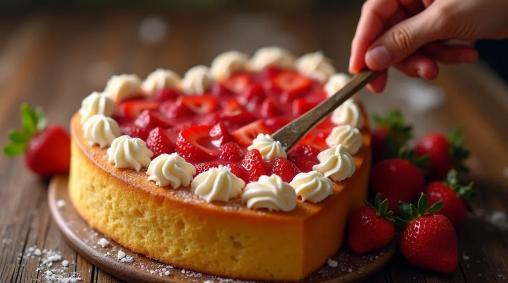 A freshly baked strawberry tres leches cake topped with whipped cream and fresh strawberries, with a hand adding final touches.