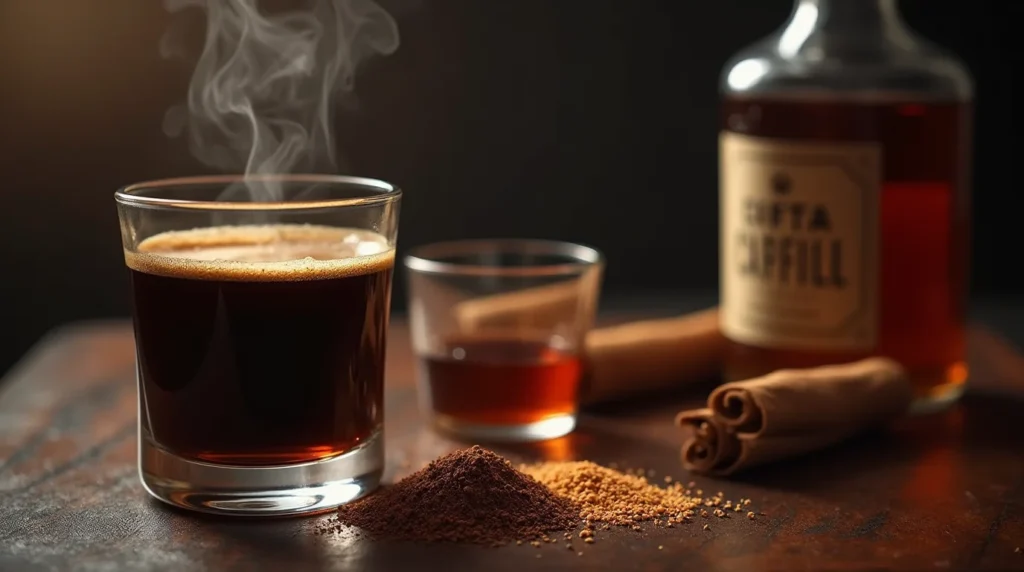 A steaming glass of carajillo recipe, a classic Spanish coffee cocktail made with espresso and Licor 43, garnished with cinnamon and brown sugar.