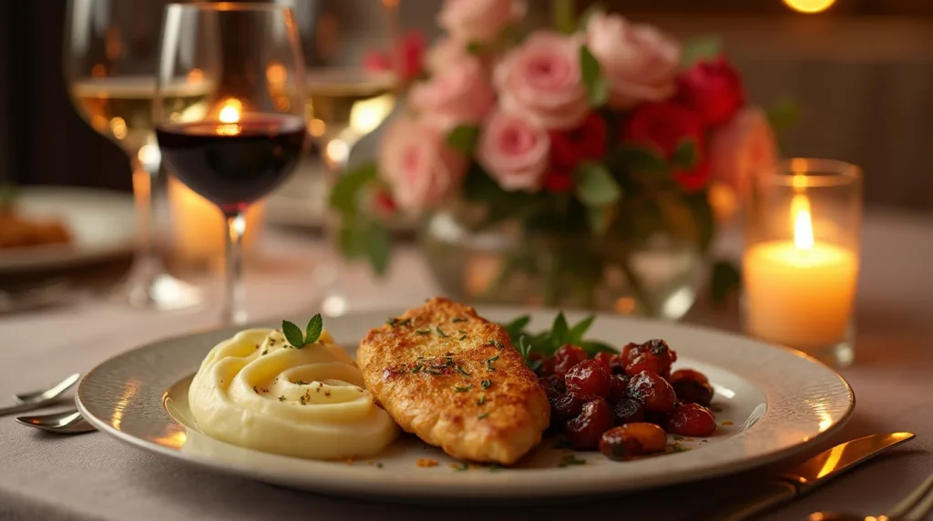 Easy Longhorn Parmesan Crusted Chicken served on an elegant dinner table with mashed potatoes, roasted cherry tomatoes, a glass of red wine, and romantic candlelight.