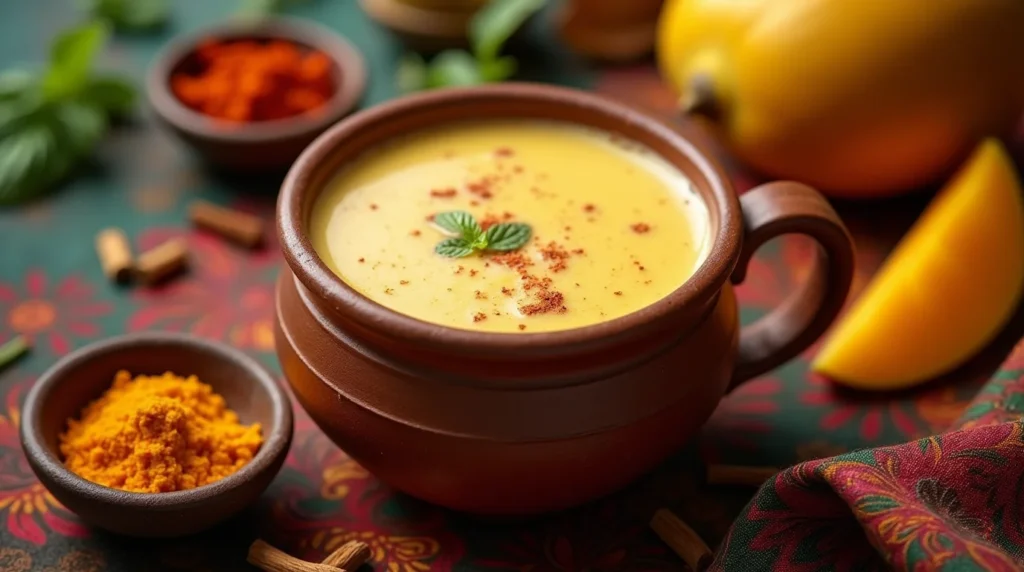 Traditional Indian lassi drink served in a rustic clay cup with garnished spices.