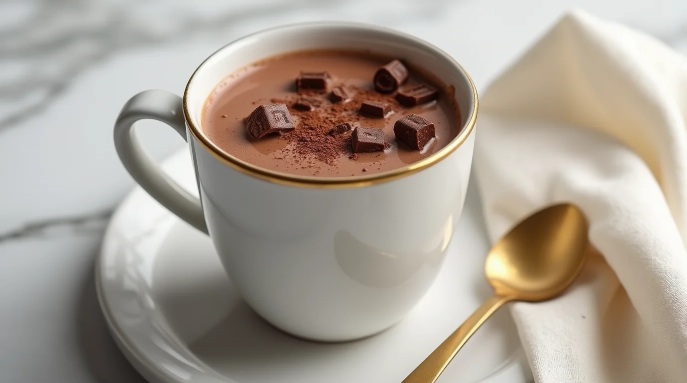 A luxurious cup of bone broth hot chocolate in an elegant white and gold cup, garnished with chocolate chunks and cocoa powder, served on a marble countertop.