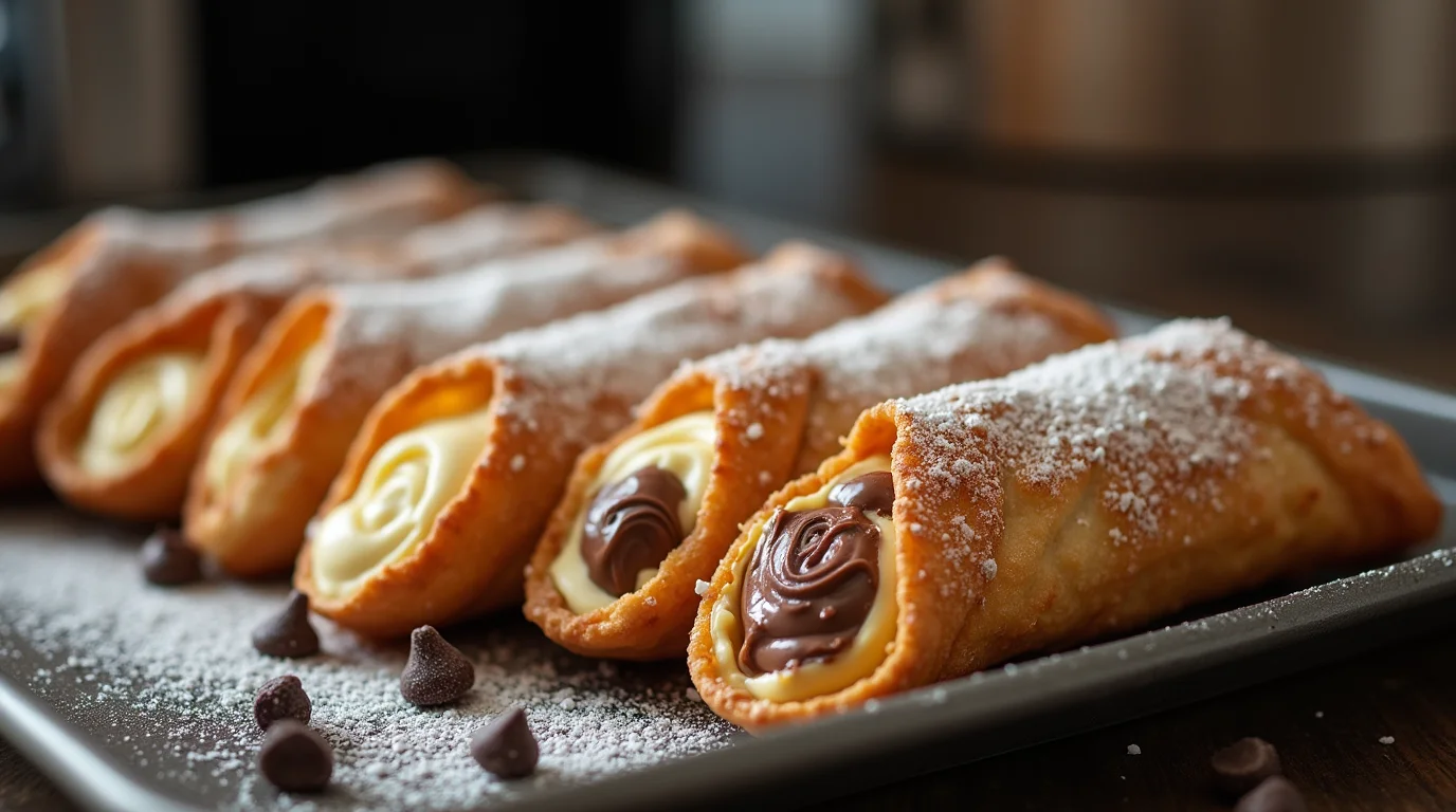 Freshly made cannoli cookies in air fryer, filled with creamy ricotta and chocolate, dusted with powdered sugar for a delicious Italian dessert.