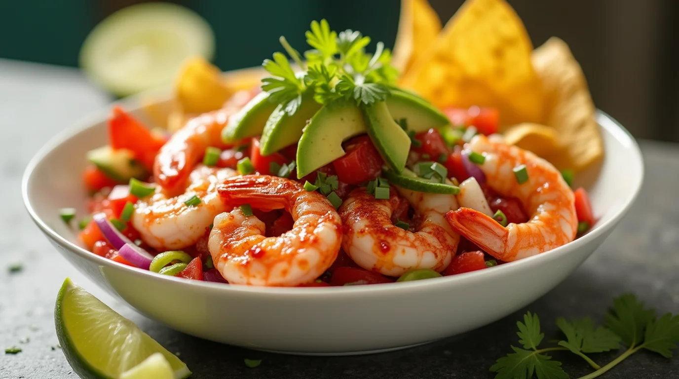 A vibrant bowl of Ceviche de Camarones, featuring fresh shrimp marinated in citrus juice, mixed with diced tomatoes, red onions, avocado slices, and garnished with cilantro, served with crispy tortilla chips and lime wedges.