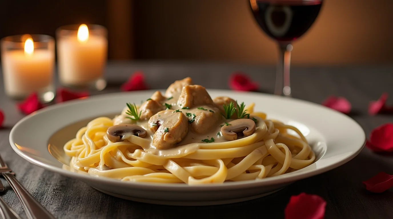 A plate of chicken marsala fettuccine garnished with fresh herbs and mushrooms, set on a romantic table with candles and red wine.