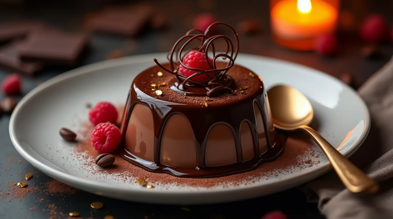 Chocolate Panna Cotta topped with chocolate glaze, a decorative chocolate swirl, and fresh raspberries, served on a white plate with gold accents.