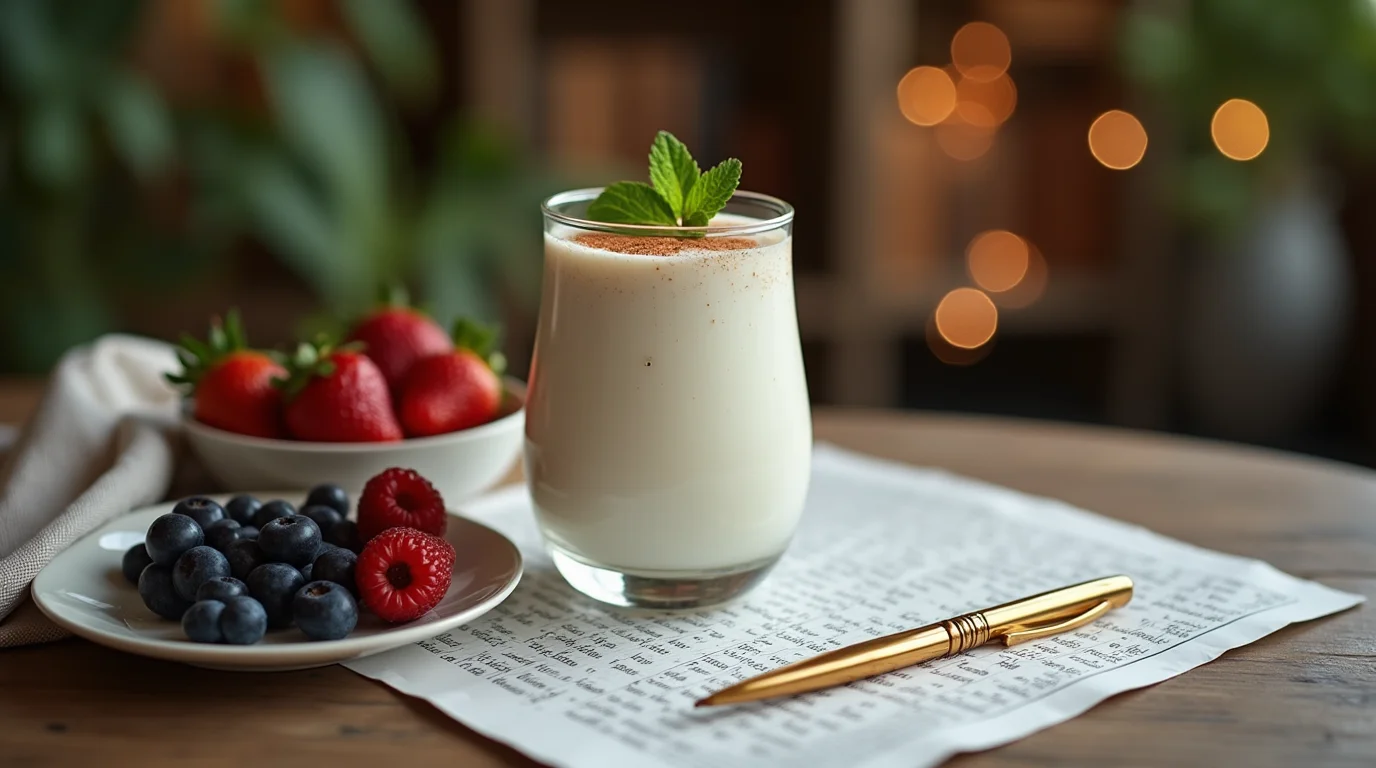 A refreshing Cold Yogurt Drink Crossword in a glass, garnished with mint, placed on a wooden table with a plate of fresh berries and a gold pen resting on a crossword puzzle.