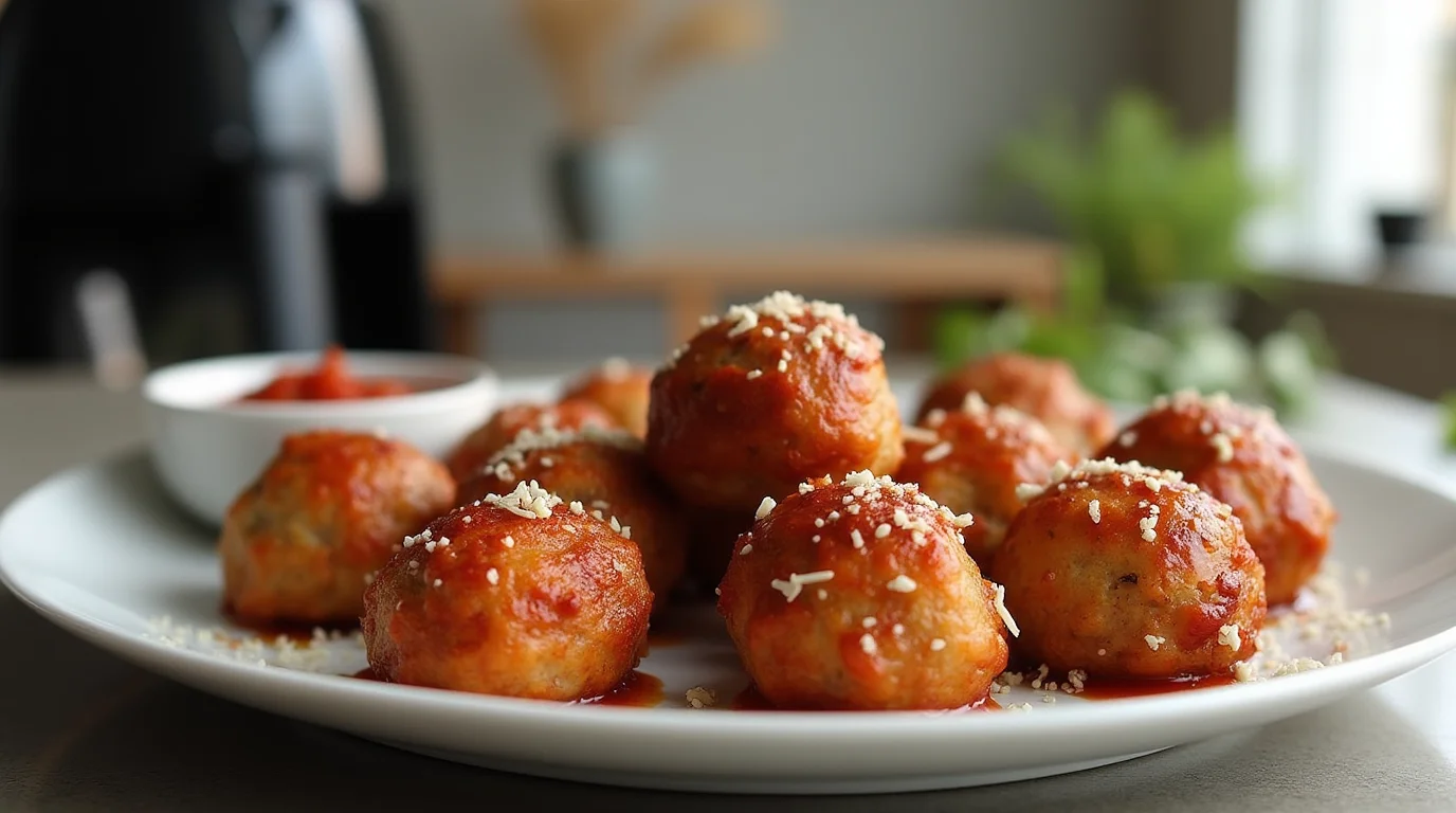 A plate of golden-brown frozen meatballs in air fryer, coated in marinara sauce and topped with grated cheese, served with a side of dipping sauce. The air fryer is visible in the background, emphasizing the easy cooking process.