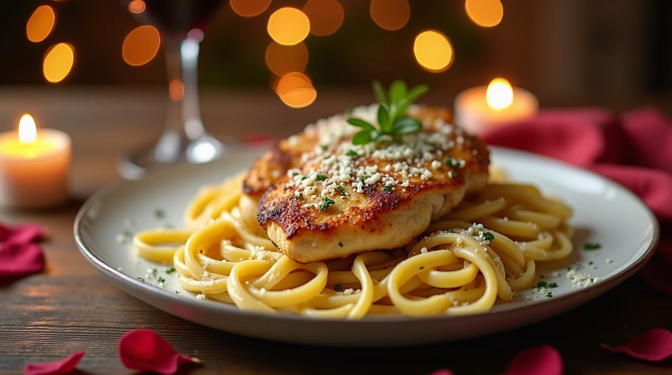 Garlic Parmesan Chicken with Pasta served on a plate with romantic candlelight and rose petals.