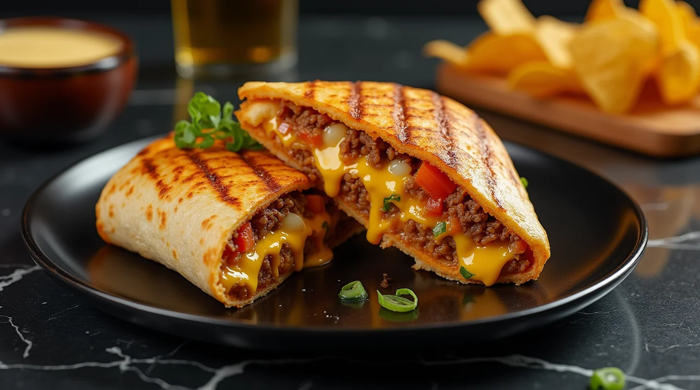 Close-up of a grilled cheese burrito cut in half, revealing gooey melted cheese, seasoned beef, and fresh diced tomatoes inside a crispy, golden-brown tortilla, served on a black plate with tortilla chips and cheese dip in the background.
