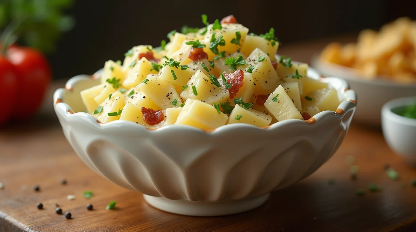 A delicious bowl of Hellmann's potato salad recipe featuring tender potato cubes, crispy bacon bits, and fresh herbs, served in an elegant white dish.