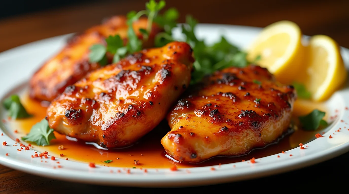 Glazed hot honey chicken breasts with a caramelized crust, garnished with fresh herbs and lemon wedges on a white plate.
