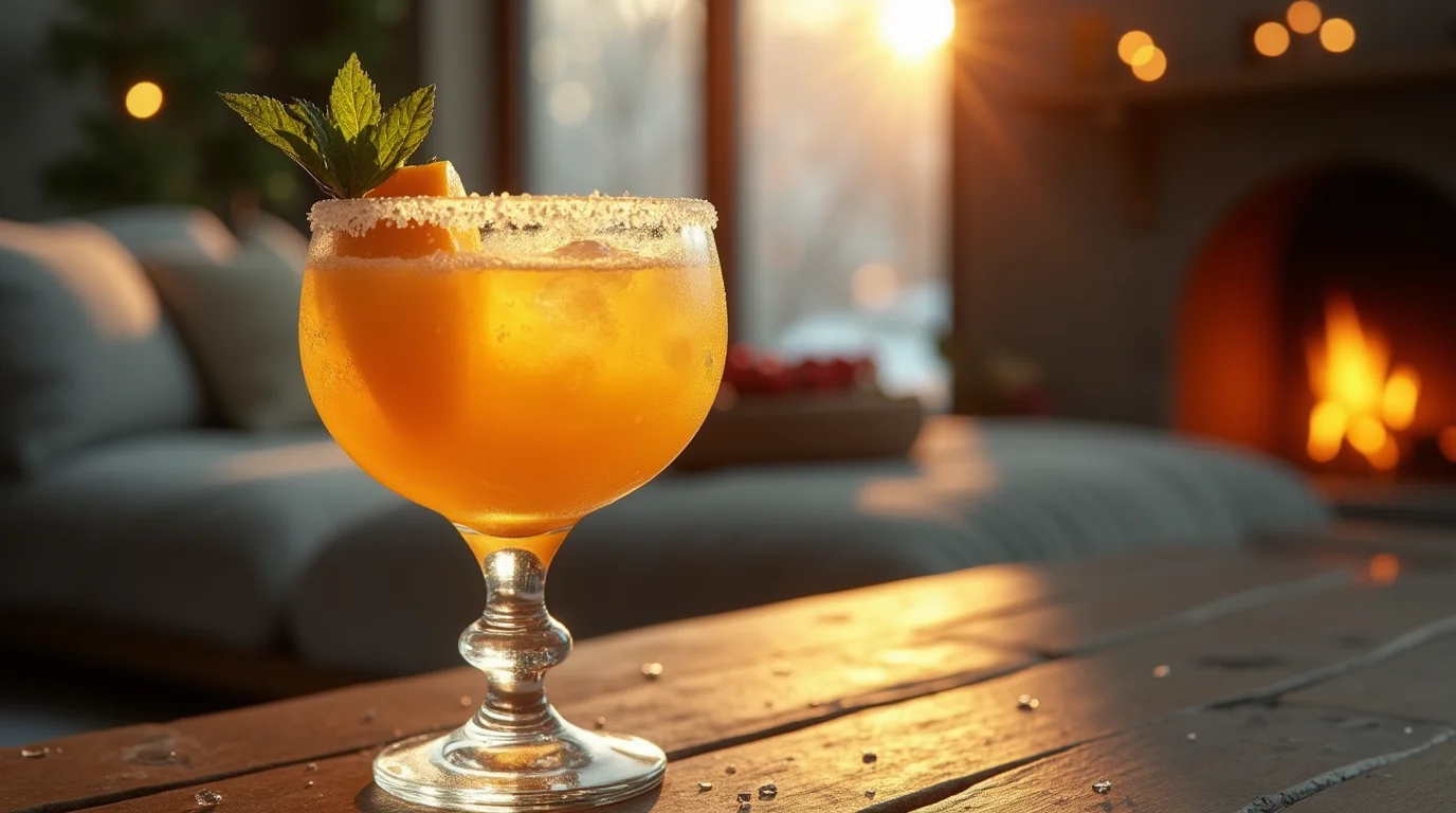 A mango margarita in a crystal glass with a salted rim, garnished with fresh mint and mango, set on a rustic wooden table in a cozy winter home with a fireplace in the background.