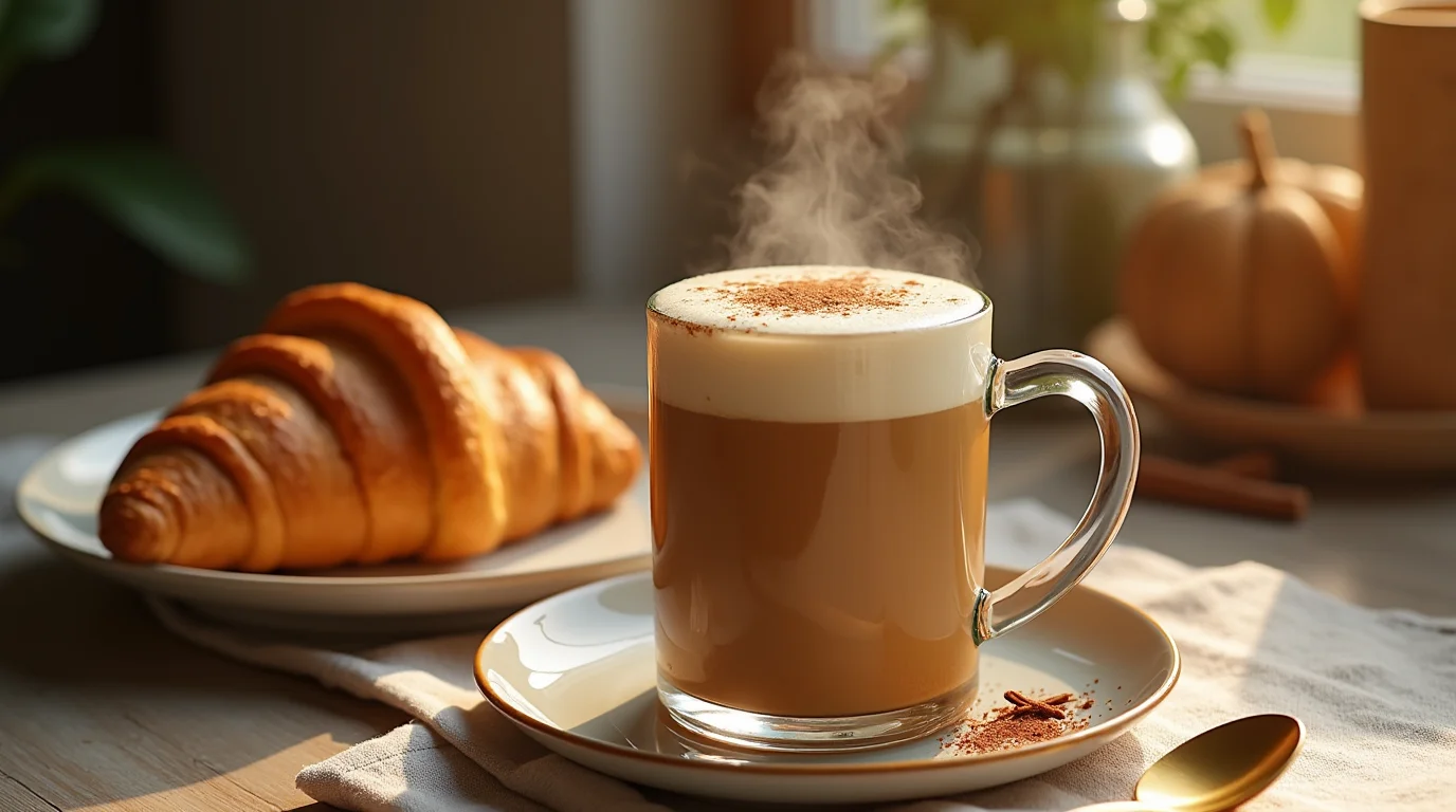 A steaming glass mug of pumpkin chai latte with frothy milk and cinnamon, served on a white plate with a golden spoon, alongside a flaky croissant on a cozy breakfast table.