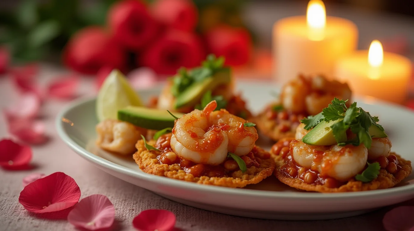 Shrimp Tostadas in Air Fryer served with avocado, lime, and cilantro on a romantic dinner setup with candles and rose petals.
