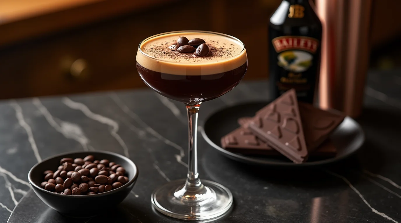 A rich and creamy Baileys Chocolate Espresso Martini in a coupe glass, garnished with coffee beans, with Baileys, chocolate, and coffee beans in the background.