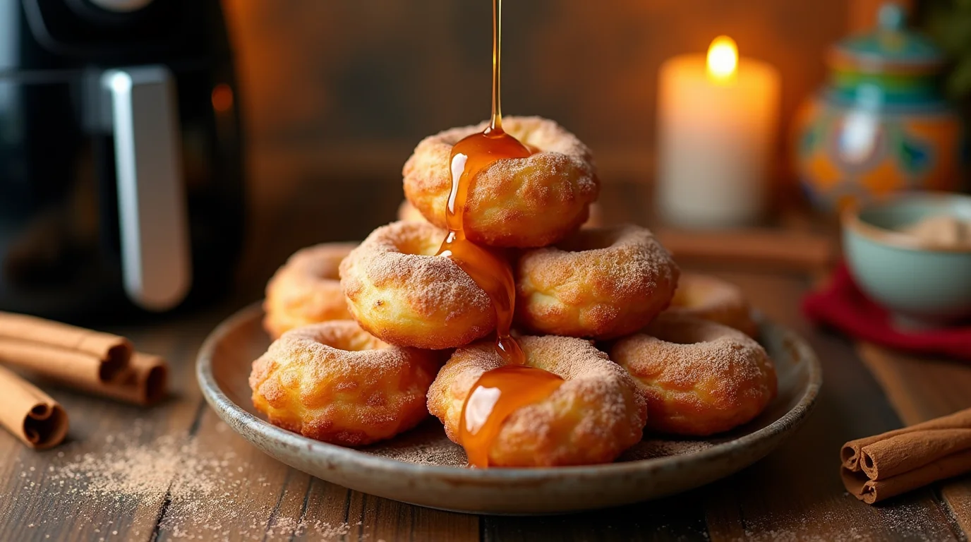 Buñuelos mexicanos in air fryer served on a plate, drizzled with syrup, surrounded by cinnamon sticks and cozy decor.