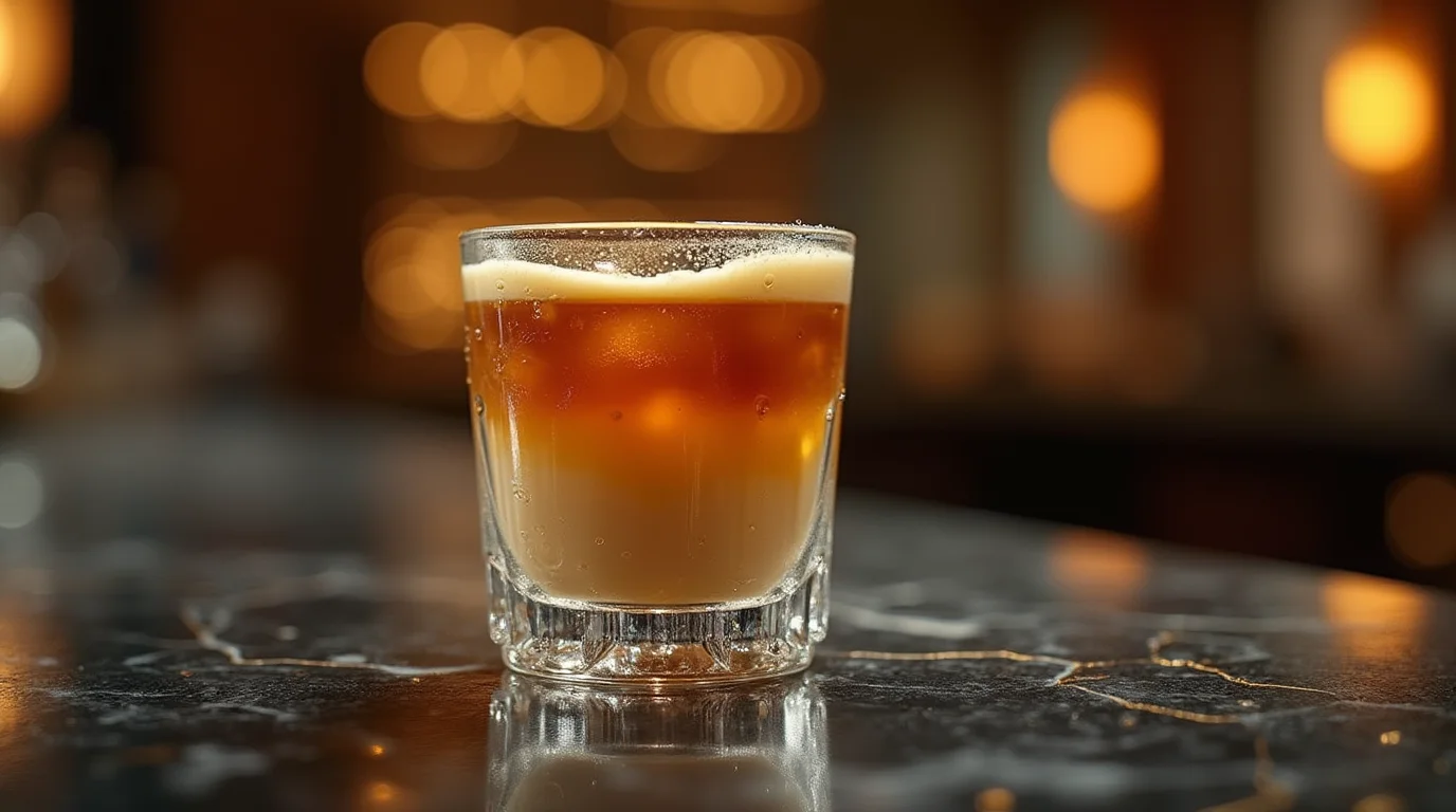 A close-up of a Buttery Nipple recipe shot with smooth layers of butterscotch schnapps and Irish cream on a bar counter.
