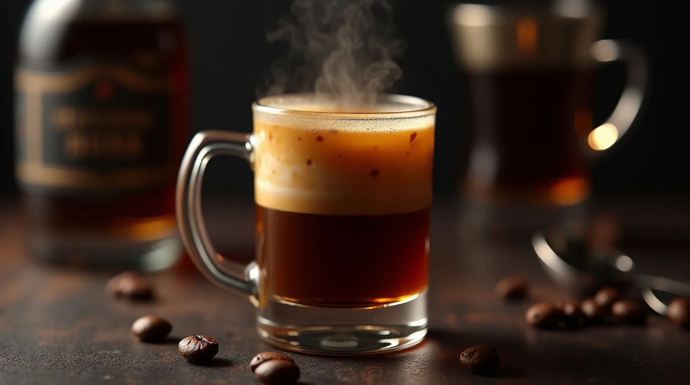 A steaming glass of Carajillo Recipe, featuring a rich espresso base with a golden crema, served in a clear glass mug with coffee beans scattered around and a liquor bottle in the background.