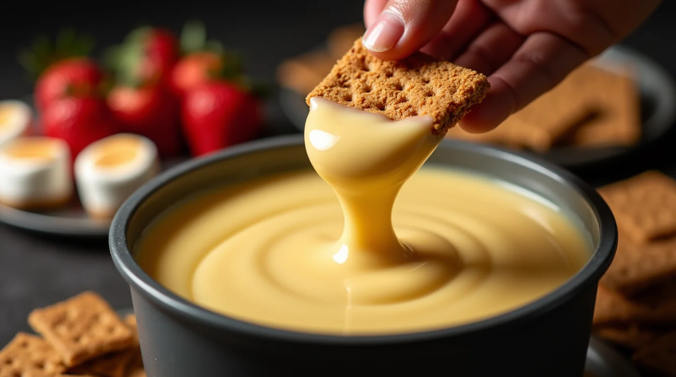 A crispy graham cracker dipped into a creamy, golden cheesecake fondue, with fresh strawberries and marshmallows in the background.