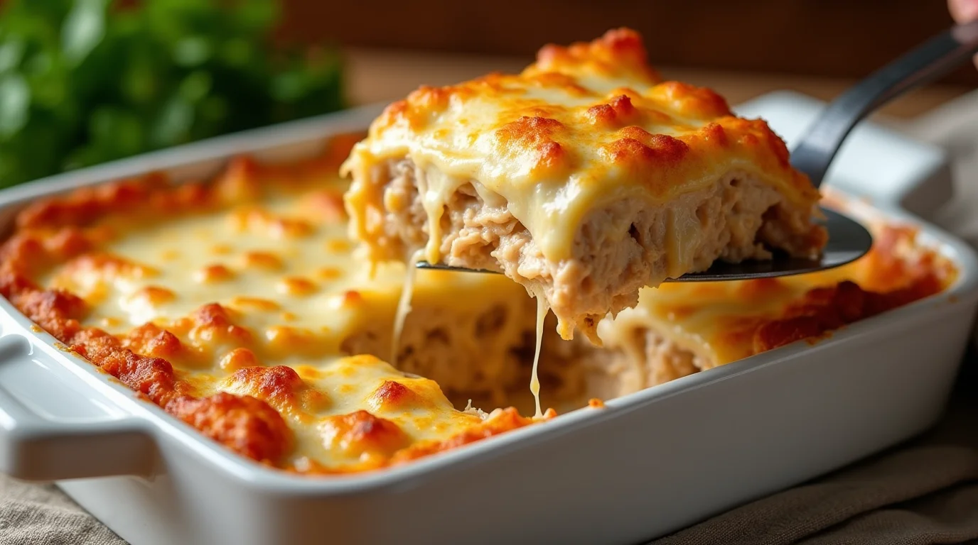 A creamy, cheesy slice of chicken alfredo lasagna being lifted from a baking dish, showcasing layers of tender chicken, pasta, and rich Alfredo sauce.