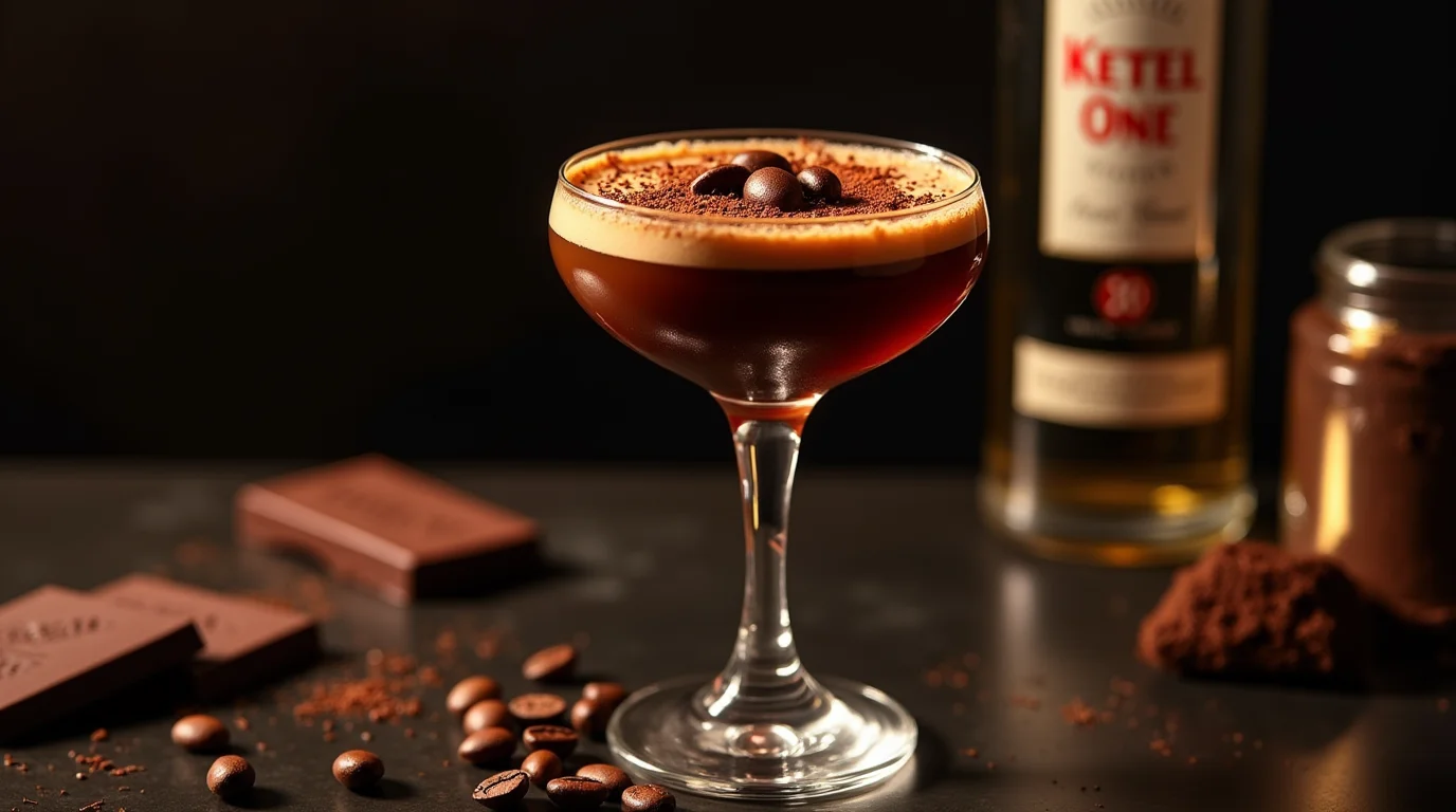A rich and velvety chocolate Ketel One espresso martini served in a coupe glass, topped with a frothy crema, cocoa powder, and chocolate-covered coffee beans. The cocktail is surrounded by coffee beans, dark chocolate, and a bottle of Ketel One vodka, creating a luxurious and indulgent atmosphere.