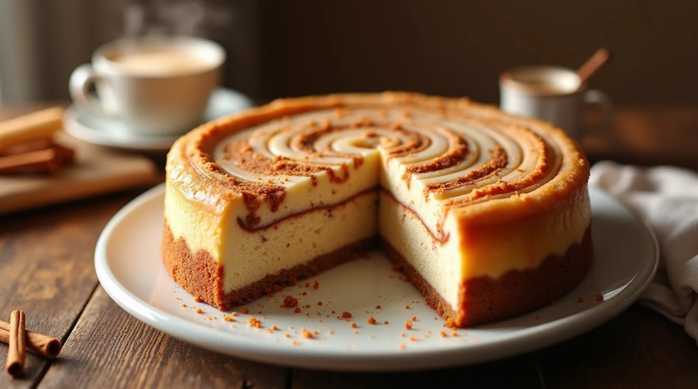 Cinnamon roll cheesecake on a white plate with a swirl topping, surrounded by cinnamon sticks and coffee cups.