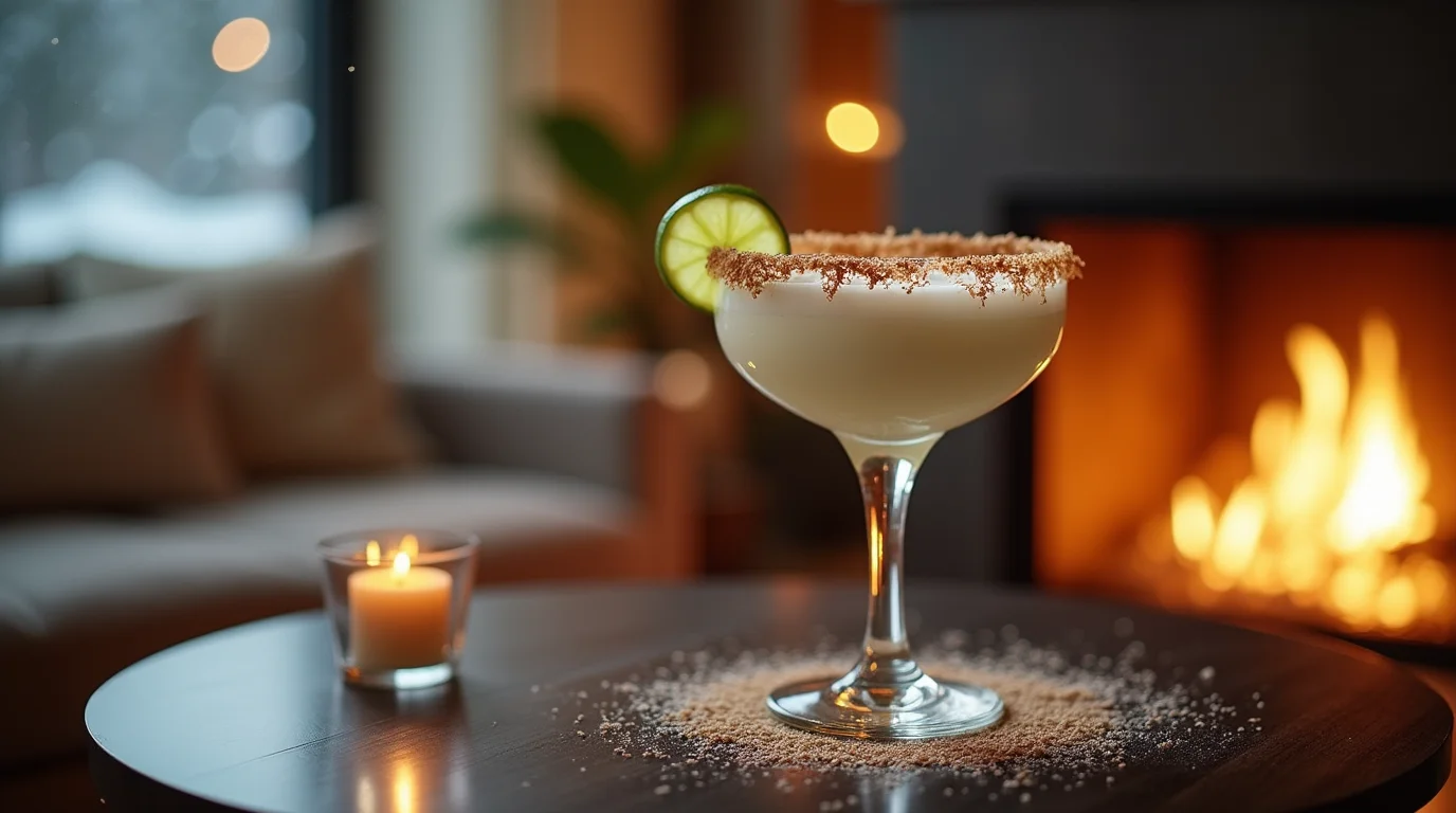 A creamy coconut margarita recipe in a cocktail glass with a cinnamon-sugar rim and a lime garnish, set against a cozy fireplace background.