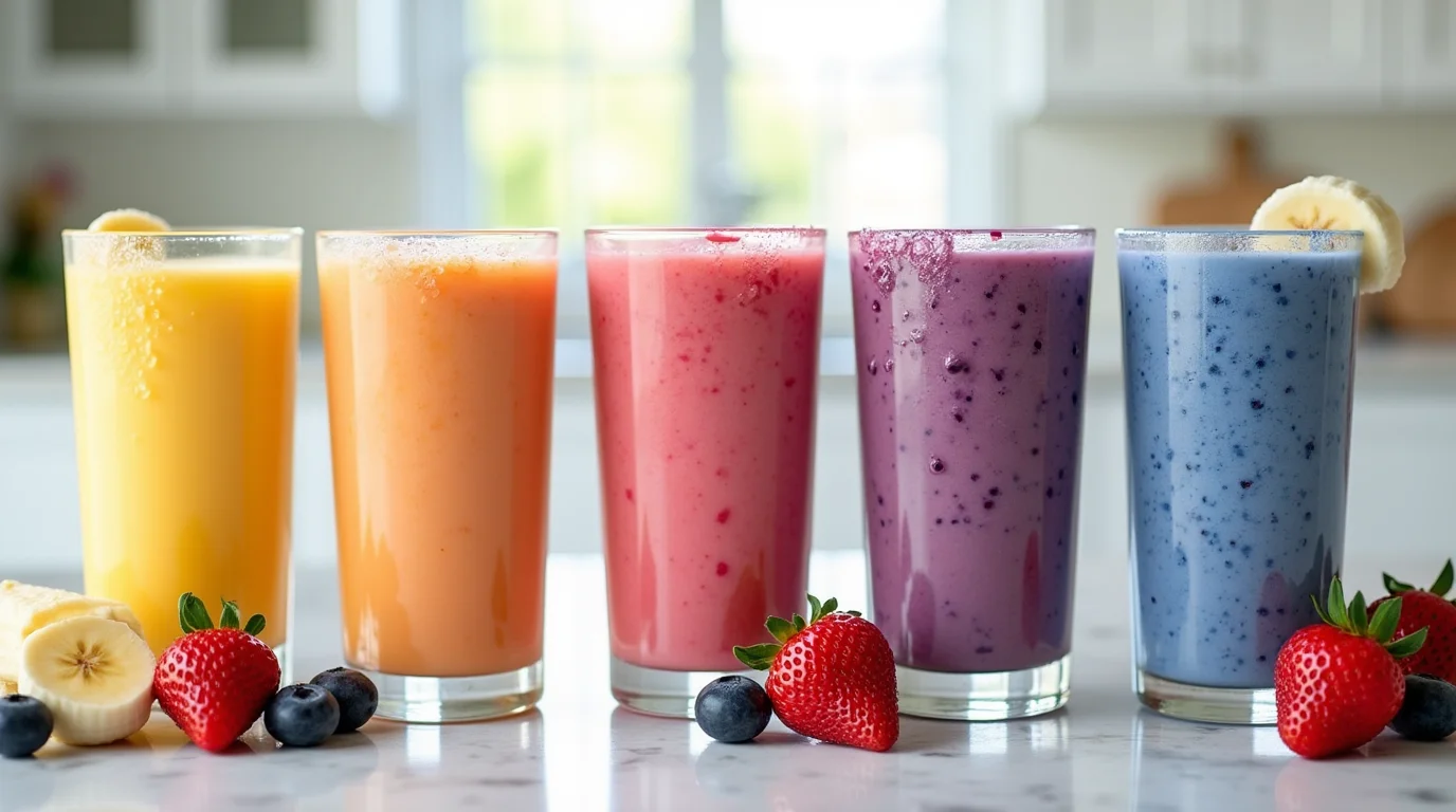 Colorful easy two-ingredient protein drink recipes served in tall glasses, featuring vibrant fruit flavors with fresh berries and banana garnish.