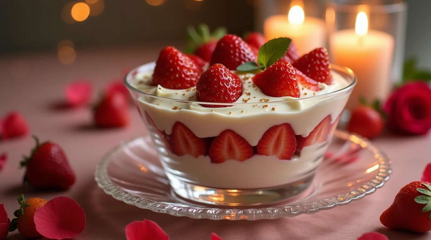 Delicious fresa con crema dessert in a glass bowl, garnished with fresh strawberries and a hint of cinnamon.