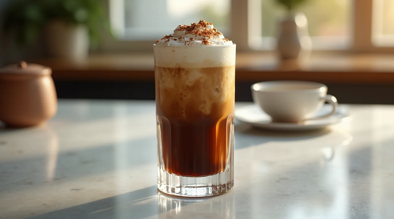 A refreshing glass of Greek Freddo Cappuccino recipe with frothy milk and a dusting of cinnamon, served on a marble countertop with a coffee cup in the background.