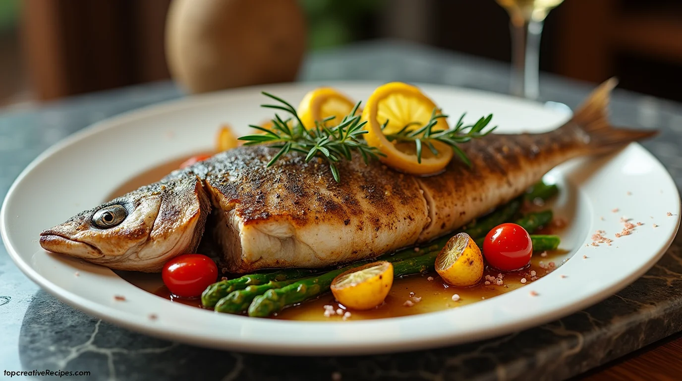 Grilled Branzino served whole with crispy golden skin, garnished with fresh rosemary and lemon slices, alongside asparagus, cherry tomatoes, and roasted baby potatoes on a white plate.