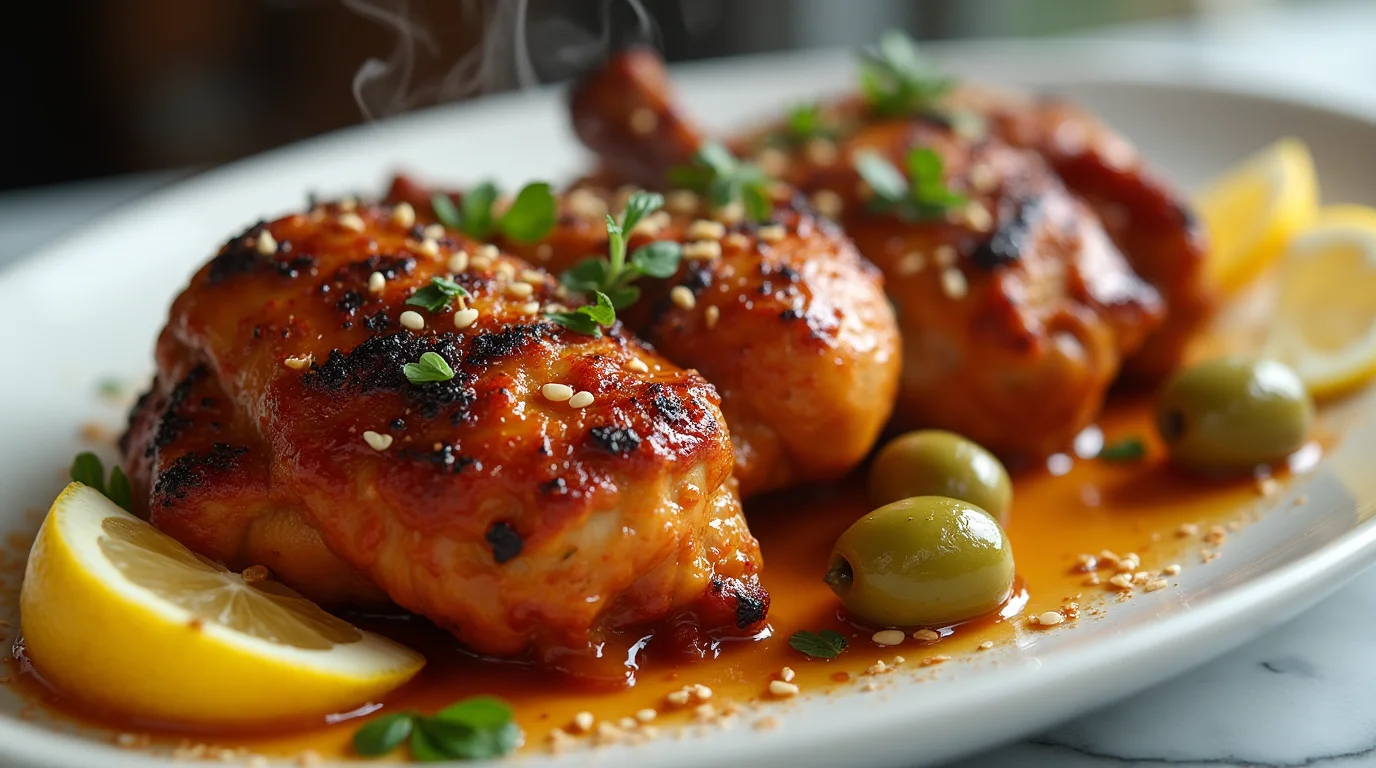 Close-up of harissa honey chicken with a caramelized glaze, garnished with sesame seeds, fresh herbs, green olives, and lemon wedges on a white plate.