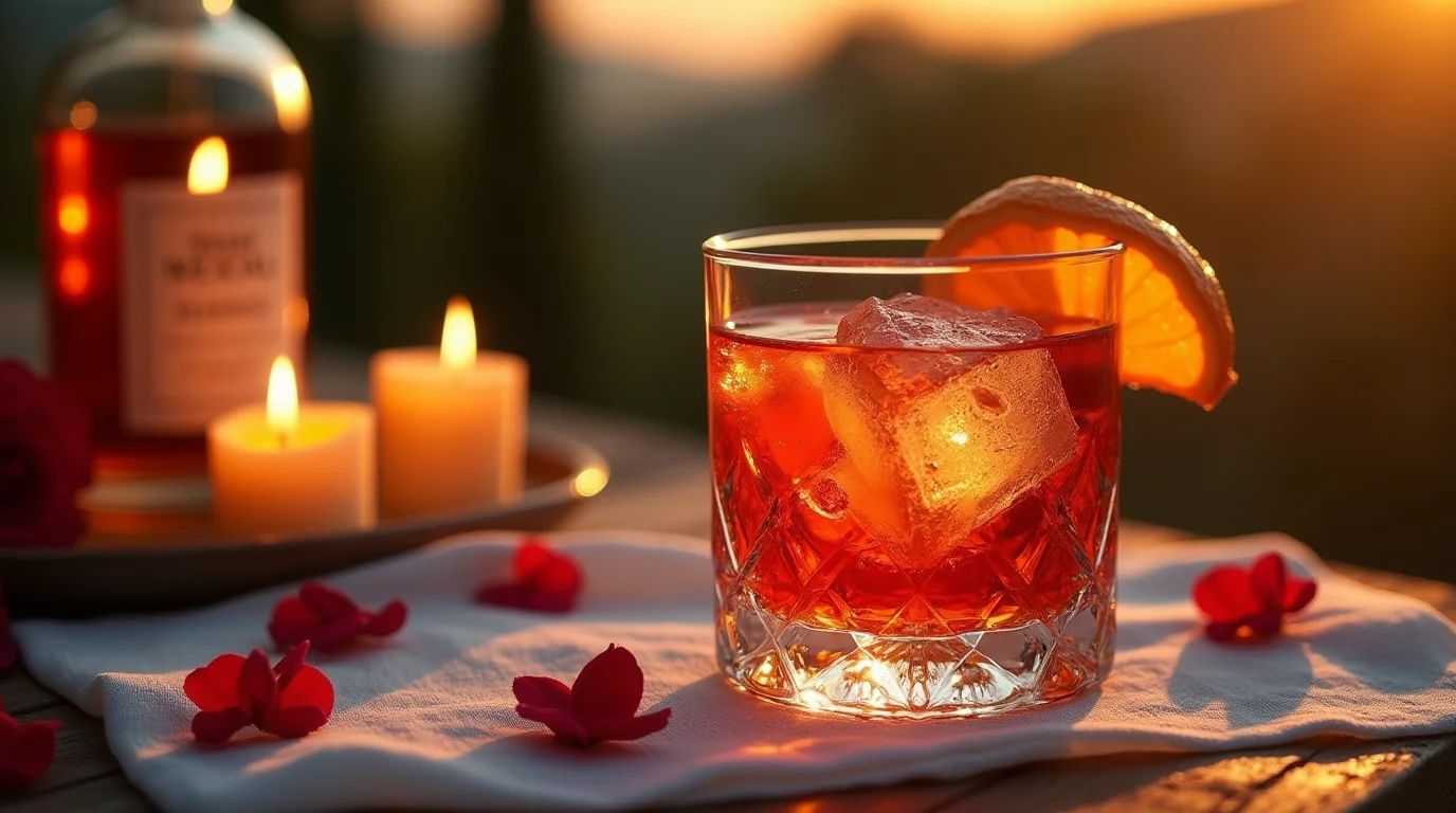 A beautifully crafted Italian Mezcal Negroni recipe cocktail served in a crystal glass with ice, an orange garnish, and romantic candlelight in the background.