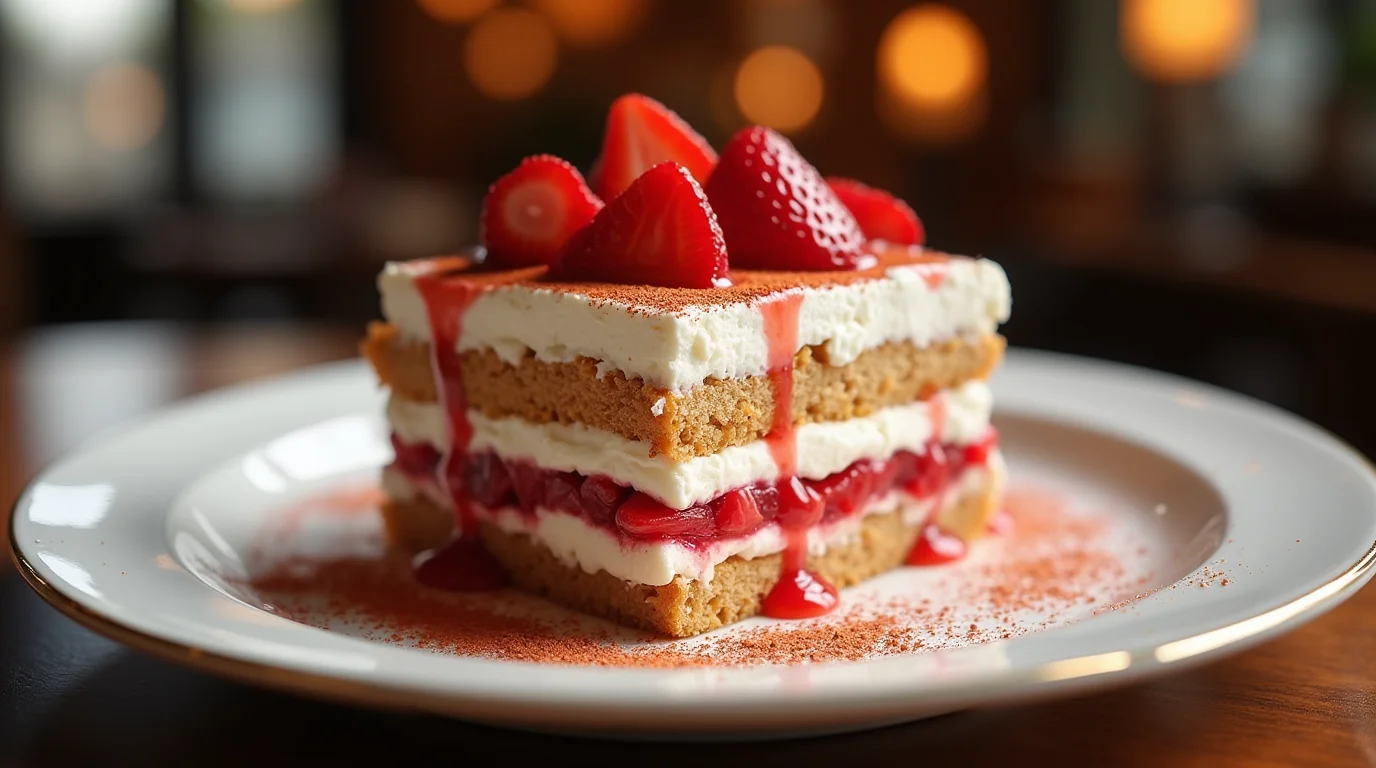 Italian Strawberry Tiramisu elegantly plated with layers of espresso-soaked ladyfingers, creamy mascarpone, fresh strawberry compote, and a drizzle of strawberry syrup, served on a white porcelain plate with gold trim in a warm café setting.