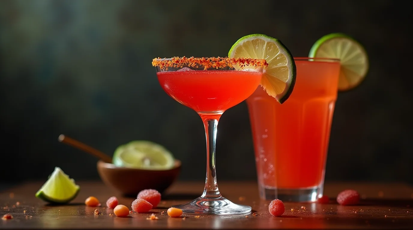 A vibrant Mexican candy drink in a cocktail glass with a chili-lime rim, garnished with a fresh lime slice. A tall glass of the same red-hued cocktail is in the background, accompanied by tamarind candies and lime wedges on a rustic wooden table.